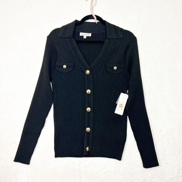 Nanette Lepore Black Ribbed Faux Button Sweater Gold Accent Collared Size XL NWT - Picture 4 of 11